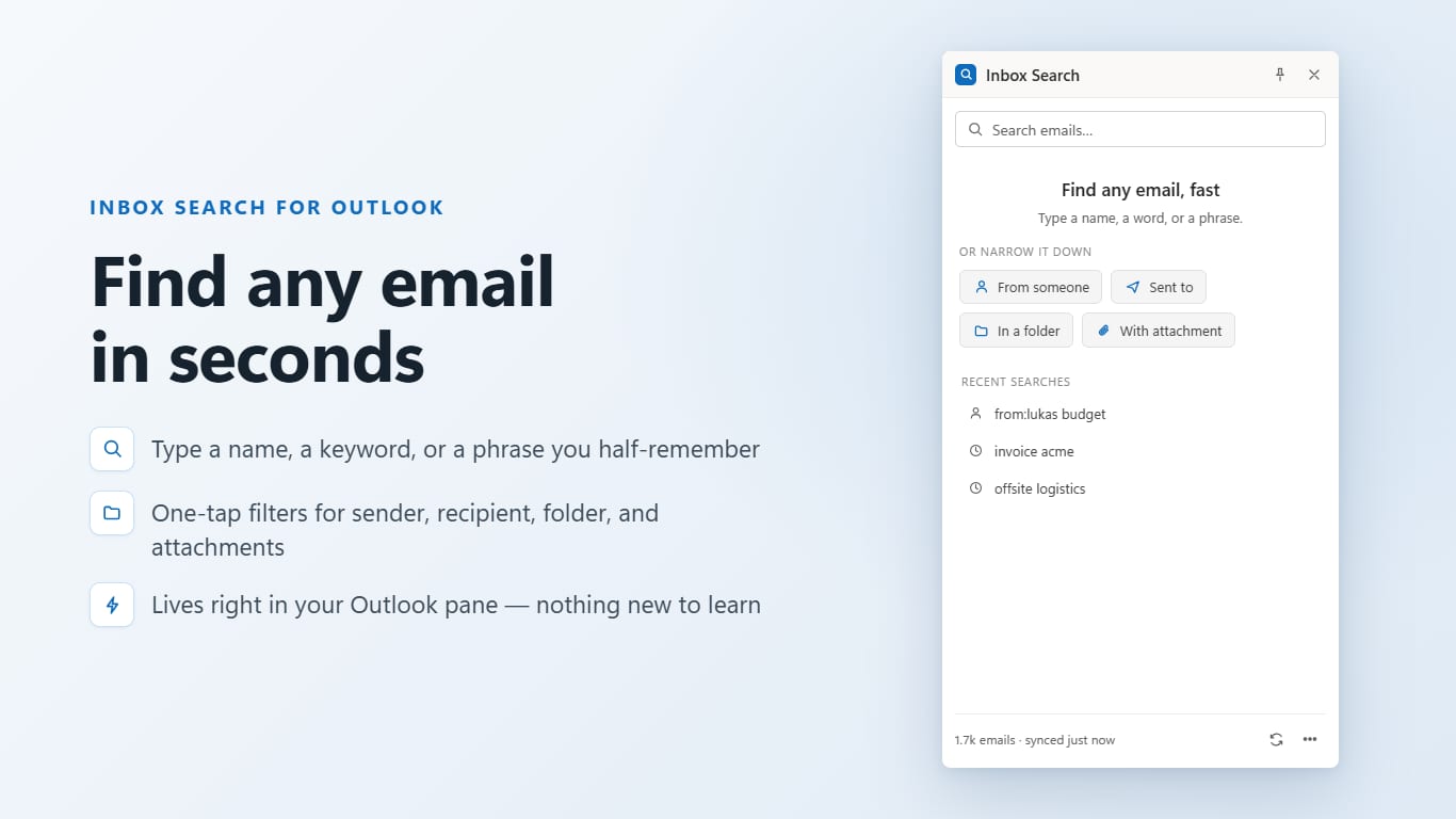 De Inbox Search-invoegtoepassing met de zoekinterface en filters voor afzender, ontvanger, map en bijlagen